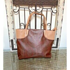 Etro Large Leather & Coated  Canvas Paisley Print Tote Bag